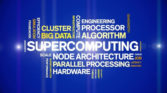 Supercomputing animated word cloud-text design animation tag kinetic typography seamless loop.