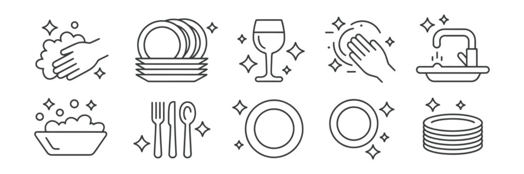 Clean Dishes icons, plate stack with sparkle effect, dishwashing sponge and foam bubbles, glass and utensil cleaning symbols, kitchen hygiene concept, flat vector line design.