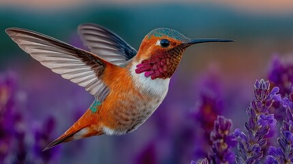 Fototapeta premium Hummingbird in mid-air flight against a floral background.