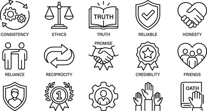 Corporate core values and ethics icons collection featuring labeled line art for trust and professionalism.
