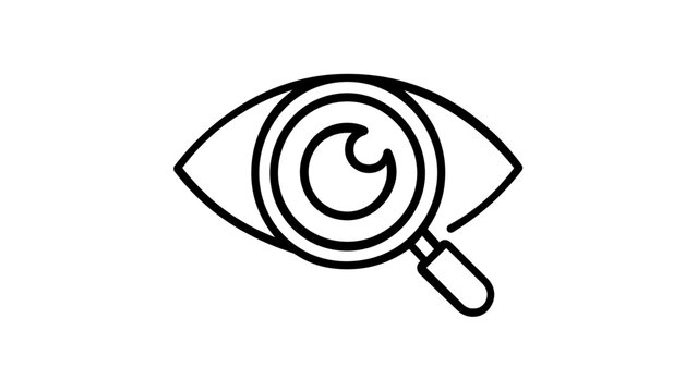 Eye vision icon line illustration showing a magnifying glass over a human eye for ophthalmology, optometry, medical checkup, and diagnostic concepts in a clean minimalist black vector style.