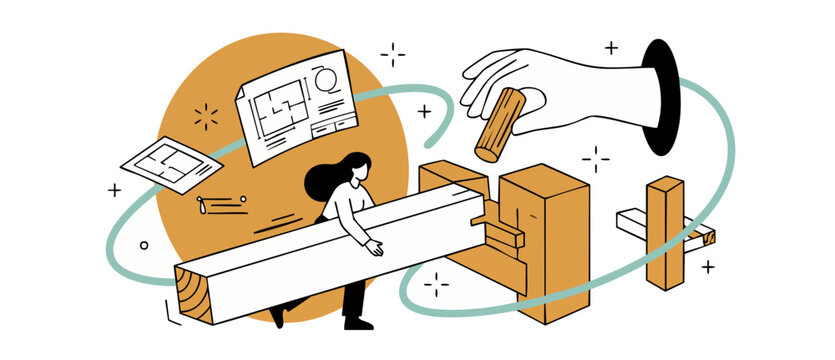 Woodworking carpenter building house illustration showing female carpenter assembling wooden beams with architectural blueprints for collaborative home renovation and joinery project design workspace