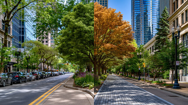 Before after split comparison visual contrasting overcrowded urban neighborhood block from decade ago versus same area after green infrastructure redesign featuring expanded public plaza tree canopy