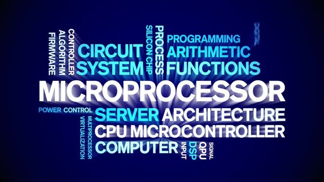 Microprocessor animated word cloud-text design animation tag kinetic typography seamless loop.