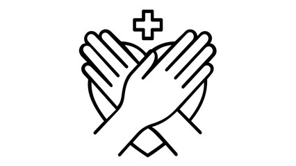 Fototapeta premium Intertwined hands cradle a cardiac shape bearing a medical cross, forming a compassionate emblem of healthcare solidarity, charitable giving, nursing support, and the protective love extended to