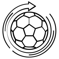 Fototapeta premium Soccer ball spinning line icon vector illustration. A black and white graphic showing a football in motion with a curved arrow indicating rotation, perfect for sports apps, logos, and web icons.