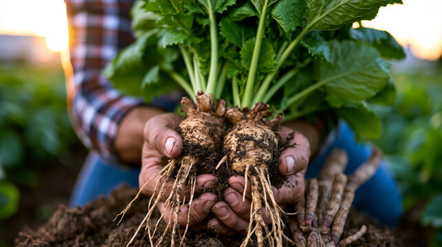 Farmer harvesting chicory root and burdock in open field at sunrise, prebiotic vegetable cultivation, outdoor nature setting, soil on hands, connection between earth and gut health, World Population