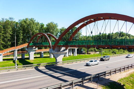 Modern arched pedestrian bridge over a multi-lane highway with moving cars, surrounded by lush green trees on a sunny day providing urban transportation infrastructure