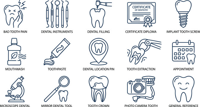 Dental health line icons. dentist tools, tooth extraction, dental filling, mouthwash, toothbrush, and more.