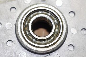 Obraz premium Close-up of an electric bicycle motor ball bearing with fresh lubricant applied after removing the protective seal during maintenance and repair procedure