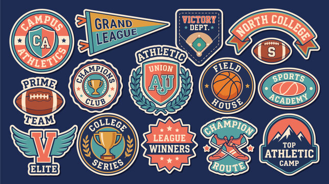 A collection of vintage collegiate sports and athletic club emblems, badges, and logos featuring various sports equipment, trophies, and text on a dark blue background.