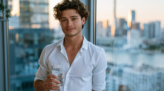 Office worker in glass high-rise skipping 9am team snack meeting, standing alone at floor-to-ceiling window with sparkling water, intermittent fasting window maintained in professional social settin