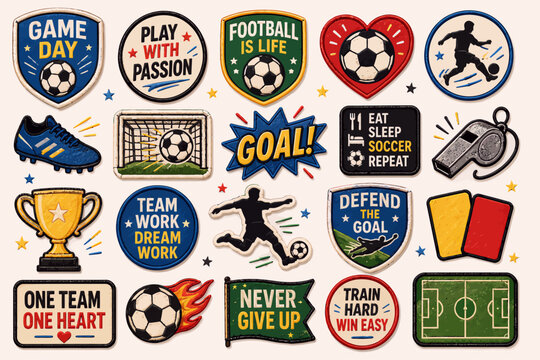 A collection of vintage-style soccer and football badges, patches, and stickers featuring various game elements, motivational quotes, and player silhouettes, perfect for sports enthusiasts.