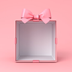 Fototapeta na wymiar Blank pink gift box mockup exhibition booth products display stand showcase or opened present box tied with pink ribbon bow isolated on pink pastel background creative idea conceptual 3D rendering