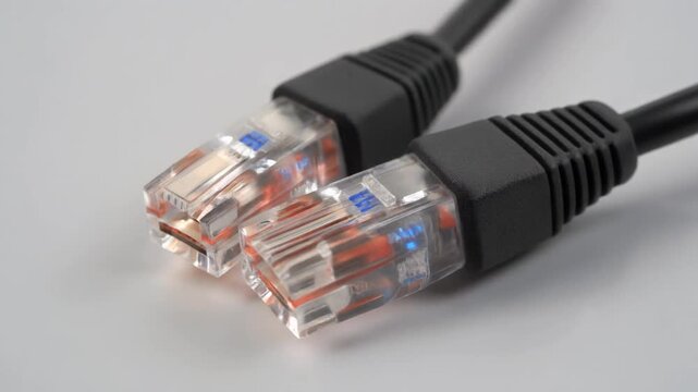 Close-up dynamic panning shot of two Ethernet network cables with clear connectors and visible copper wires, symbolizing connectivity, digital communication