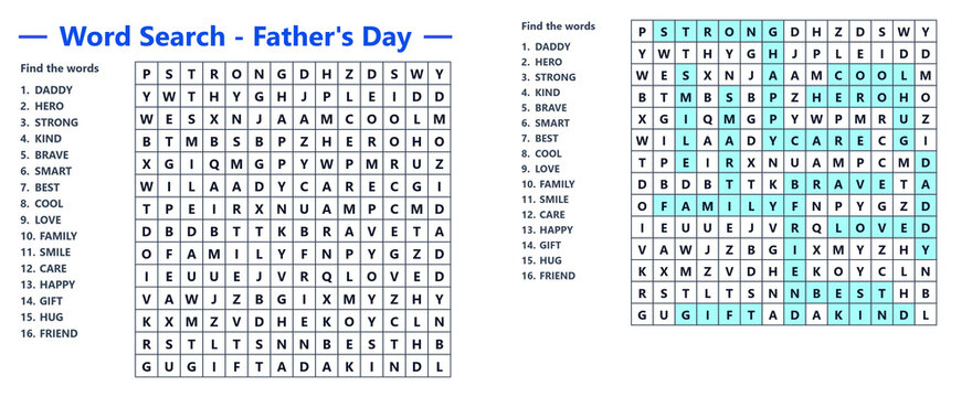Father's Day themed word search puzzle with highlighted solution grid  on transparent background