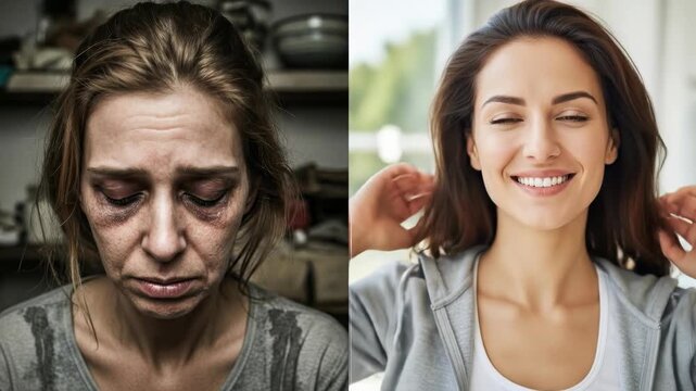 Face of a woman impacted by drug and alcohol use, contrasting with a vibrant, healthy woman, symbolizing wellness and positive life choices
