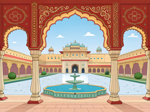 Jaipur City Palace courtyard, royal arches and fountains, colorful vector style