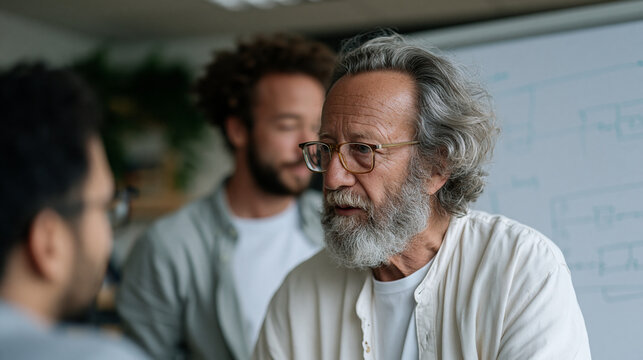 Elderly retired engineer reviewing a technical whiteboard covered in architecture diagrams, being interviewed by an eager young founder at a local library, ideal for technical