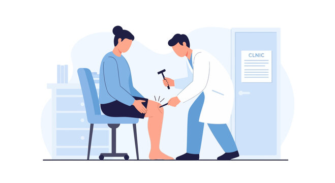 Doctor performing reflex test on patient's knee with reflex hammer in clinic.