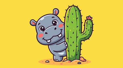 Obraz premium Cute cartoon hippo peeking from behind a cactus.
