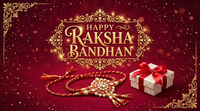 Happy Raksha Bandhan Vector Illustration Luxury Background with Traditional Rakhi and Gift Box