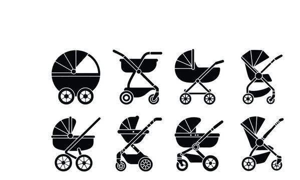 Baby Stroller icon set, black silhouette pram and pushchair symbols, infant transport, childcare mobility equipment, minimalist vector illustration collection.
