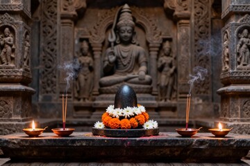 Fototapeta premium Religious shrine with deity statue and offerings