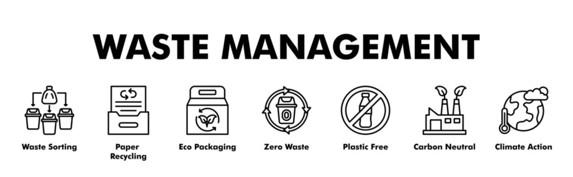 WASTE MANAGEMENT web banner icon vector illustration concept for business with icon of Waste Sorting, Paper Recycling, Eco Packaging, Zero Waste, Plastic Free, Carbon Neutral, Climate Action