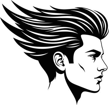 Black and white profile portrait of a stylish young man with windblown hair.