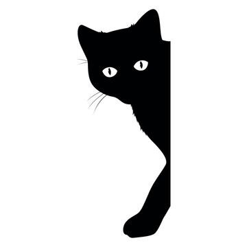 An illustration of a cat peeking around a corner with curious eyes and an outstretched paw. Simple vector drawing on a white background.