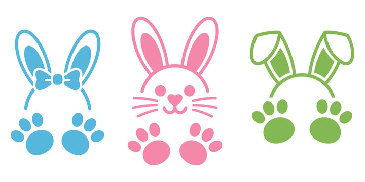 Rabbit ear headbands bunny face graphics, cute stylized easter icons, adorable paw print symbols, spring celebration design elements, festive seasonal vector illustration set.