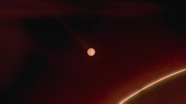 Hot Jupiter Exoplanet
Animation of a hot Jupiter exoplanet orbiting very close to its host star. Features an intensely heated gas atmosphere from nearby stellar radiation.