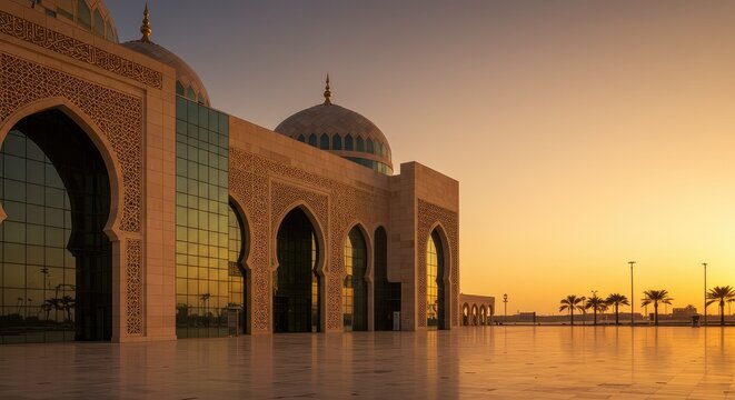 Sunset view of a large mosque with arches and domes in a desert landscape