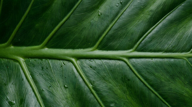 Close-up view of vibrant green elephant ear leaf with visible veins and water droplets