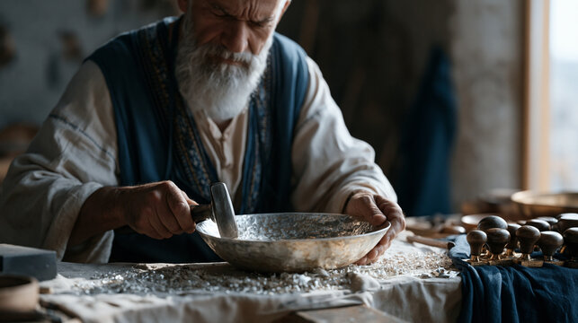 Senior artisan silversmith uses a planishing hammer to smooth the surface of a handmade serving bowl, the repetitive tapping audible in the quiet studio, silver shavings on the bench cloth, hallmark