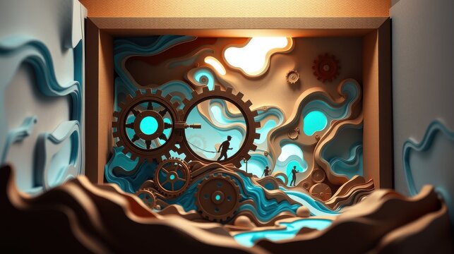 Surreal scene. Gears, waves, figures exist within layered papercraft structure. Warm light illuminates complex design. Dramatic shadows present.