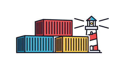 Fototapeta premium Minimalist illustration of colorful shipping containers and a lighthouse representing maritime logistics.