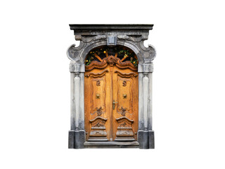 Obraz premium Isolated antique baroque carved wooden arched door with holiday garland.