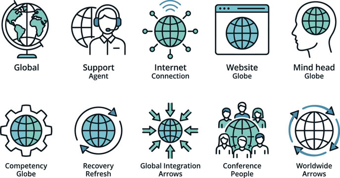 Global, support agent, internet connection, website globe, mind head globe, competency globe, recovery refresh.