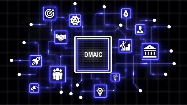 Coach motivation to DMAIC improvement. Education concept. Training. Leadership skills. Human abilities. Internet, business, Technology - 4k black background icon animation
