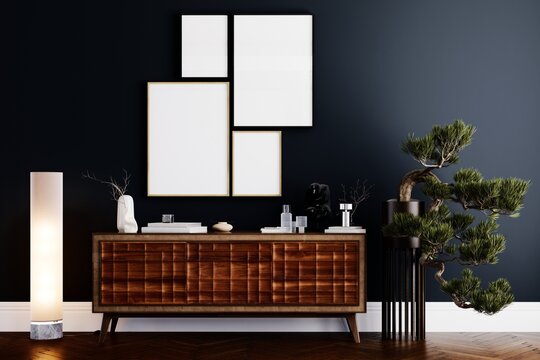 Luxury classic living room interior with blank gallery wall frames mockup, elegant molding details and stylish modern decor.
