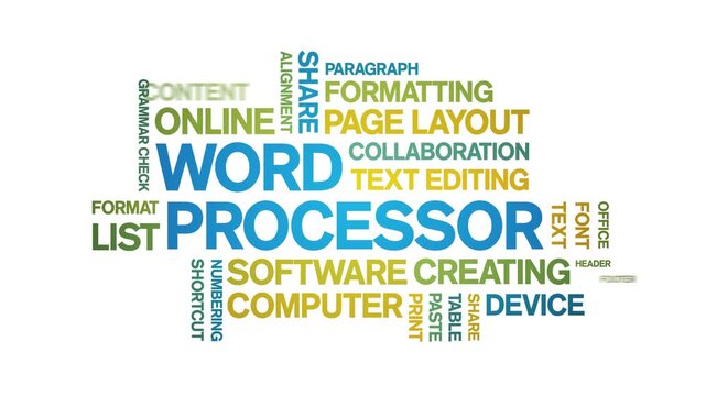 Word Processor animated word cloud-text design animation tag kinetic typography seamless loop.