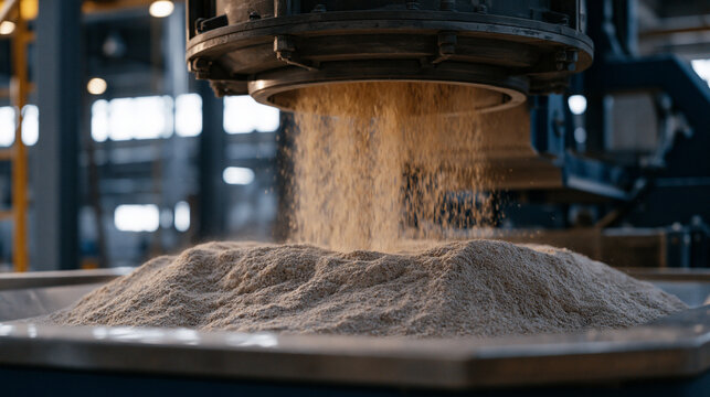 Drought-resistant crop seed treatment facility interior showing precision coating machine applying bioprotectant layer to engineered grain, agricultural biotechnology processing, food security manuf