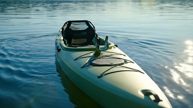 POV from a green fishing kayak floating on a lake. Close-up of the bow with a rod holder and bungee rigging drifting on water. Summer outdoor recreation and angling concept