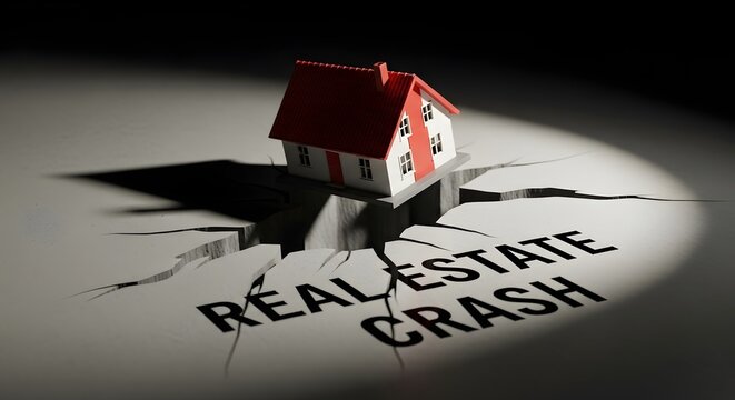 A house collapsing into a cracked ground with the text REAL ESTATE CRASH for the concept of economic crisis and housing market decline.