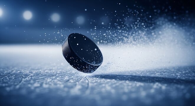 Closeup of a black ice hockey puck flying over the ice rink with snow spray