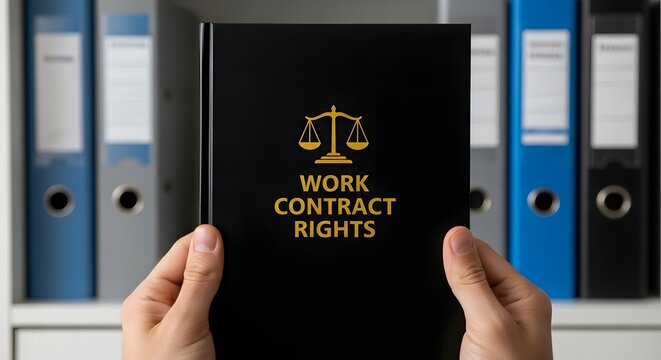 Book with text WORK CONTRACT RIGHTS held by person, with scales of justice symbol.