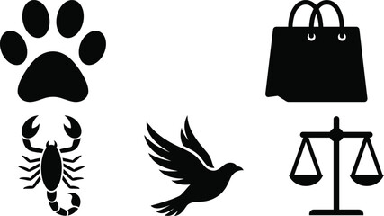 Fototapeta premium Minimalist black silhouette icons of paw print, scorpion, bird in flight, shopping bag, and balance scale on white background