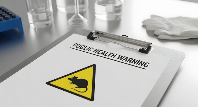 Public Health Warning clipboard with rodent symbol on a laboratory table for the concept of disease and safety.